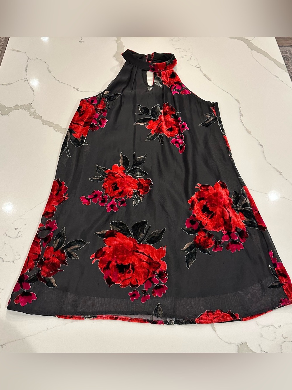 Lily Rose Black Red Velvet Burnout Floral Halter Shift Dress M Vamp Whimsigoth